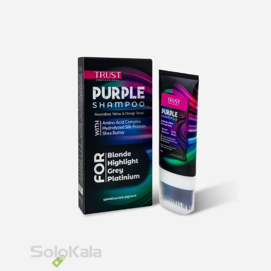شامپو بنفش تراست مناسب انواع مو - نمای جلویی محصول و جعبه محصول