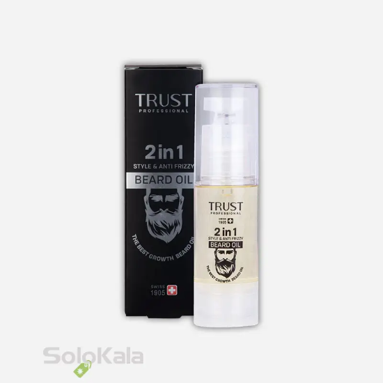 روغن تقویت ریش آقایان تراست - نمای محصول و جعبه محصول کنار هم