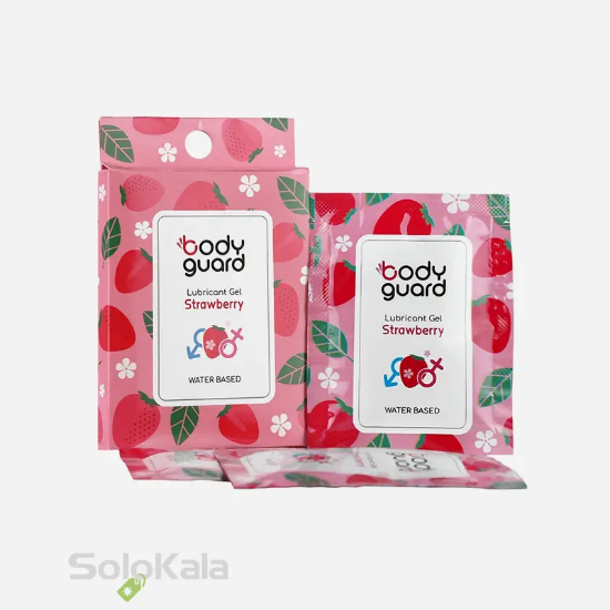 ژل لوبریکانت توت فرنگی بادیگارد - نمای جعبه و ساشه