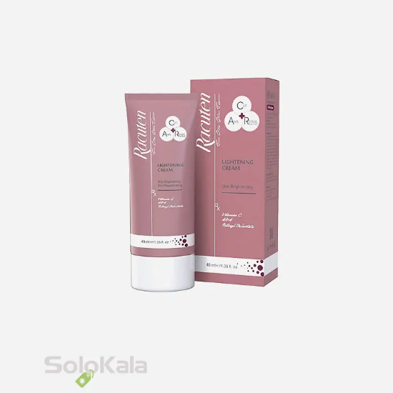 کرم روشن کننده راکوتن مناسب انواع پوست - نمای جلویی محصول و جعبه محصول