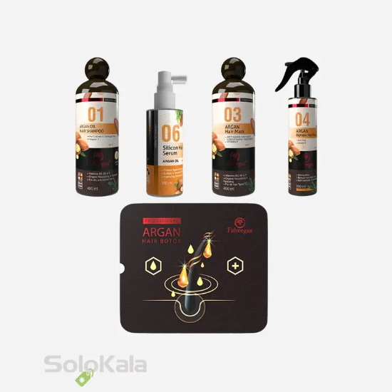 پک مراقبت مو فابریگاس مدل روغن آرگان - نمای محصولات و جعبه