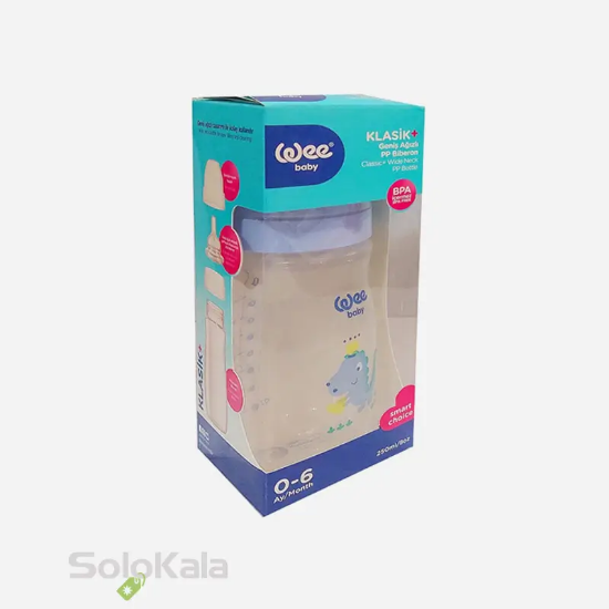 شیشه شیر طلقی پهن واید Wee Baby حجم 250 میلی لیتر کد 136 برای 0 تا 6 ماه - نمای جعبه محصول