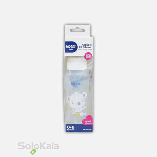 شیشه شیر طلقی آنتی کولیک Wee Baby حجم 250 میلی لیتر کد 295 برای 0 تا 6 ماه - نمای جعبه محصول