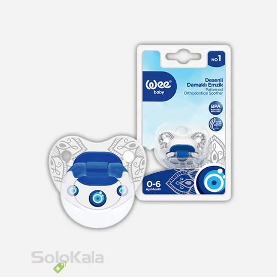 پستانک ارتودنسی چشم نظر Wee Baby کد 265 برای 1 تا 6 ماه - نمای محصول و جعبه محصول کنار هم