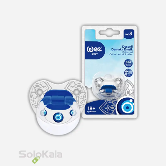 پستانک ارتودنسی چشم نظر Wee Baby کد 267 برای +18 ماه - نمای محصول و جعبه محصول کنار هم